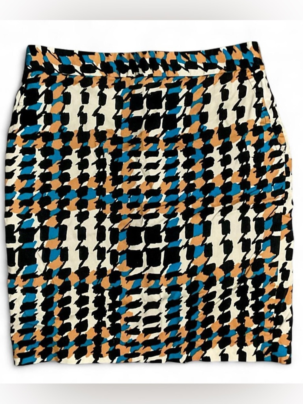 Charter Club Abstract Houndstooth Midi Skirt – Black/Turquoise/Camel – Size 6P